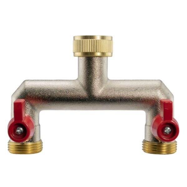 Two way tap splitter brass 3/4 inch bsp with geka type outlets – heavy duty pipe & hose fitting uk