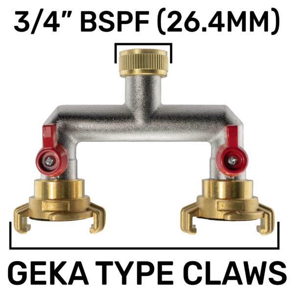 Two way tap splitter brass 3/4 inch bsp with geka type outlets – heavy duty pipe & hose fitting uk