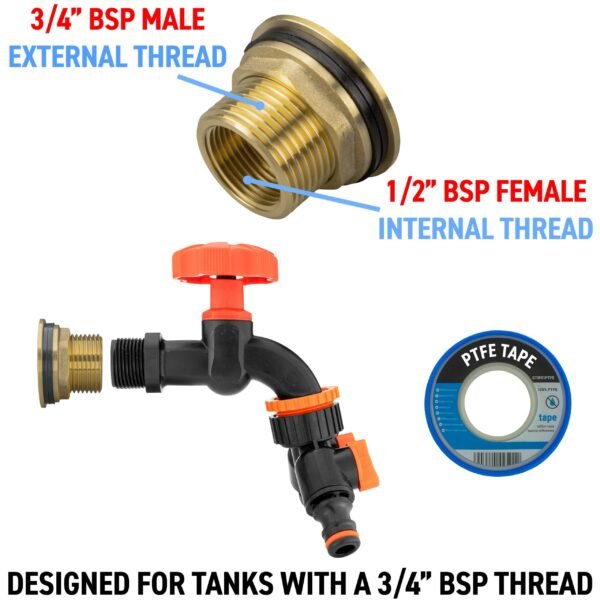 Water Butt Brass Kit 3/4″ with Black Dial Tap + Two-Way Brass Wall Flange Kits Free Shipping 13