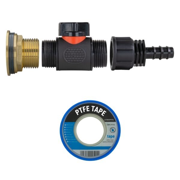 Water butt brass kit 1 inch with in-line valve and 16mm barb – rainwater harvesting kit uk