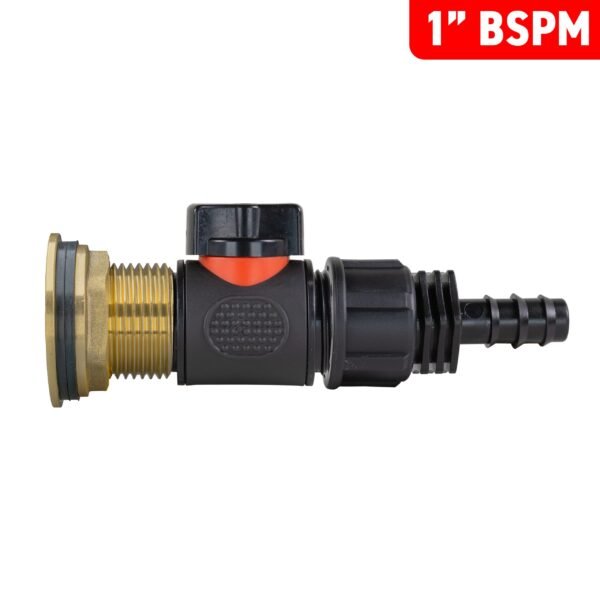 Water butt brass kit 1 inch with in-line valve and 16mm barb – rainwater harvesting kit uk
