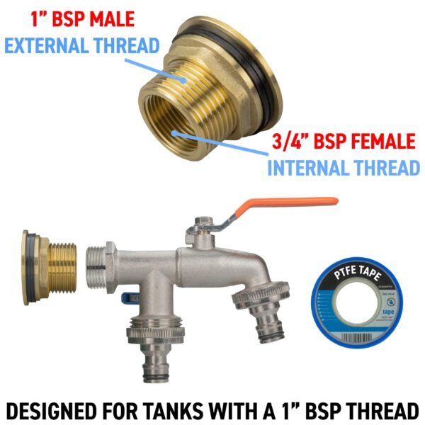 Water Butt Brass Kit 1" with Double Quick Connect Tap and