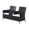 Rattan Garden Bench 2-Seater with Center Table for Patio Description Upgrade your outdoor space with a 2-seater PE rattan garden bench paired with a convenient center table. This compact duo provides comfortable seating for two and a stable surface for drinks, snacks, or decor, making patios, decks, balconies, or gardens more inviting. – Two-seater design fits small patios, balconies, and gardens – Durable PE rattan over a powder-coated steel frame for lasting outdoor resilience – Weather-resistant finish; easy to wipe clean with no special maintenance – Integrated center table provides a handy surface within reach – Lightweight, easy to assemble with included hardware – Cushions sold separately; compatible with standard outdoor cushions for added comfort Deckchairs Free Shipping 21