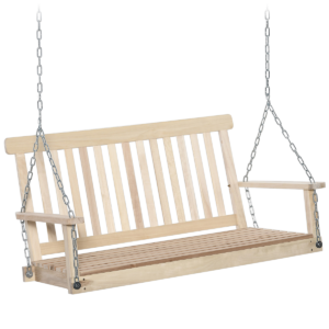 Wooden Porch Swing Chair 2-Seater with Hanging Chains Included Description: Relax anywhere with space for two. This Wooden Porch Swing Chair offers a durable two-seat design, ideal for patios, porches, sunrooms, or garden nooks. Crafted from solid wood with a protective finish, it withstands outdoor use while maintaining a natural look that complements any décor. Key features: - Solid wood frame with weather-resistant finish - Two-person seating for shared comfort - Includes hanging chains and mounting hardware; chains are adjustable - Smooth slatted seat and back for comfortable support - Easy to assemble with common tools - Suitable for indoor porches or outdoor patios Care and maintenance: - Wipe with a damp cloth; avoid harsh cleaners - Re-apply wood protector or oil seasonally to maintain the finish - If left outdoors, shield from extreme weather when possible What's included: - Wooden bench seat - Hanging chains - Mounting hardware
