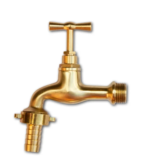 Garden tap polished brass 1/2 inch bspm - 15mm barb – heavy duty outdoor garden tap uk