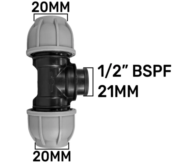 Mdpe tee 20mm - 1/2" bspf - 20mm – heavy duty pipe & hose fitting uk