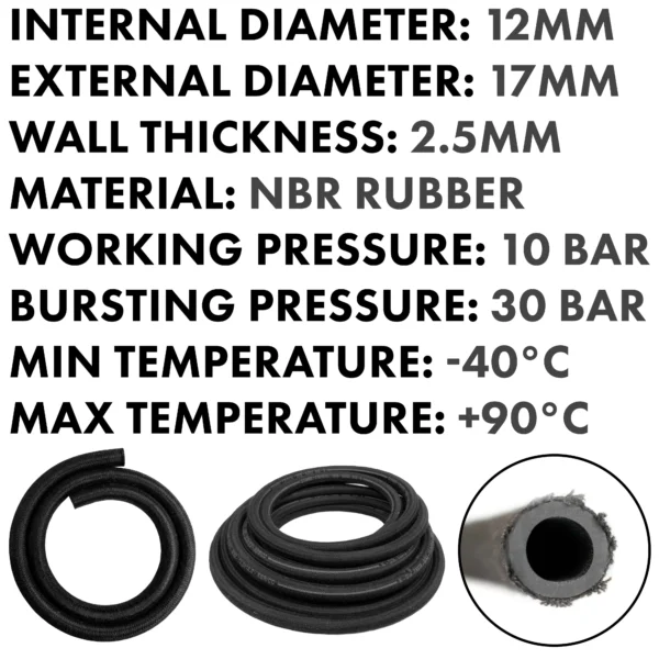 Rubber reinforced with a heat resistant textile braid – heavy duty pipe & hose fitting uk, 12mm, 1m