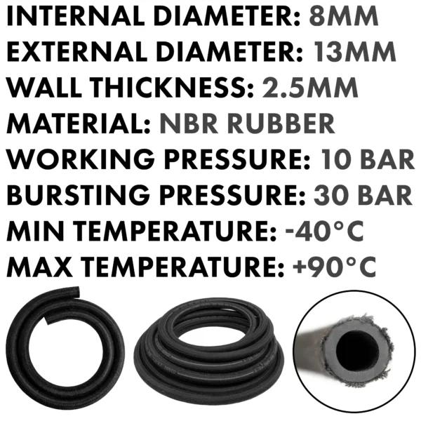 Rubber reinforced with a heat resistant textile braid – heavy duty pipe & hose fitting uk, 8mm, 1m