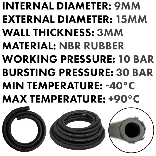 Rubber reinforced with a heat resistant textile braid – heavy duty pipe & hose fitting uk, 9mm, 1m