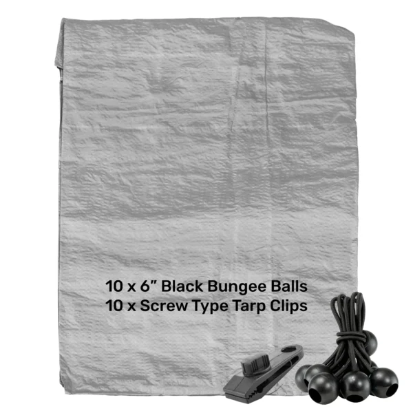 Grey lightweight tarpaulin 3m x 4m with 10 x 6″ bungee balls (black) & 10 tarp clips (screw type) kit