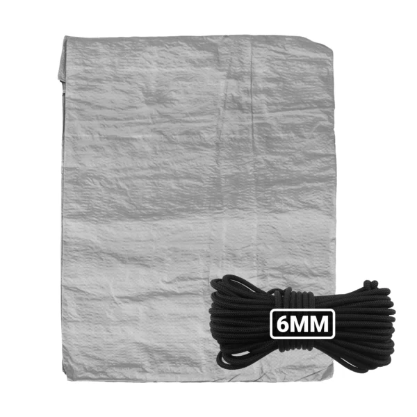 Grey lightweight tarpaulin 3m x 4m with 10m of 6mm bungee rope kit