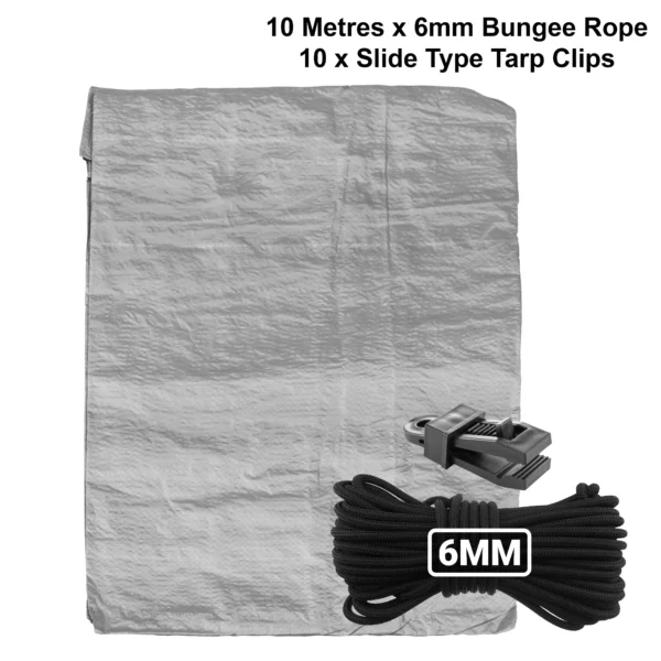 Grey lightweight tarpaulin 3m x 4m with 10m of 6mm bungee rope & 10 tarp clips (slide type) kit