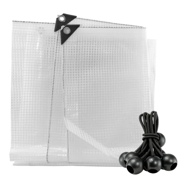 Clear medium duty tarpaulin 10m x 12m with 10 x 6″ bungee balls (black) kit