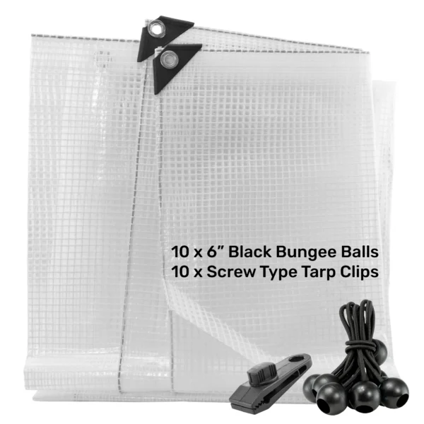 Clear medium duty tarpaulin 10m x 12m with 10 x 6″ bungee balls (black) & 10 tarp clips (screw type) kit