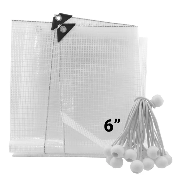 Clear medium duty tarpaulin 10m x 12m with 20 x 6″ bungee balls (white) kit