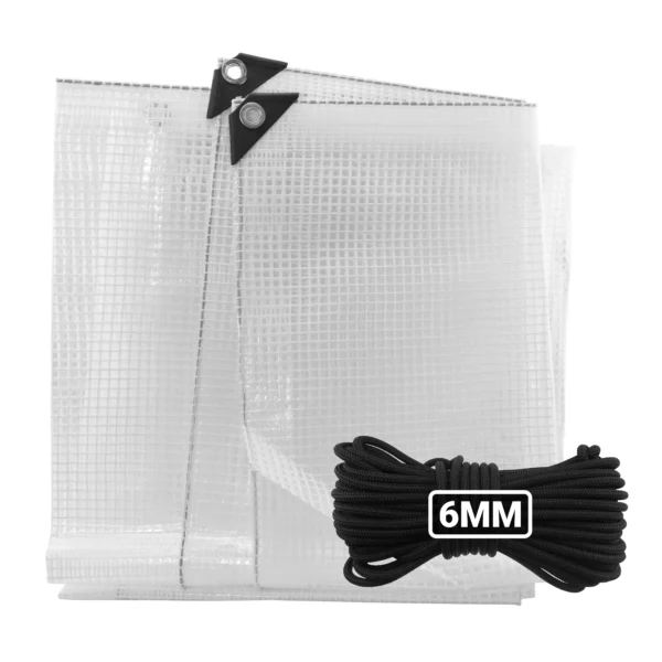 Clear medium duty tarpaulin 10m x 12m with 10m of 6mm bungee rope kit