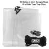 Clear medium duty tarpaulin 10m x 12m with 10m of 6mm bungee rope & 10 tarp clips (slide type) kit