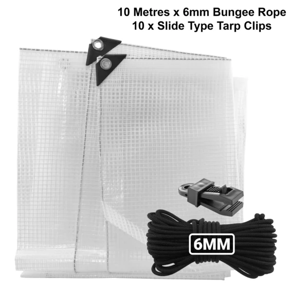 Clear medium duty tarpaulin 10m x 12m with 10m of 6mm bungee rope & 10 tarp clips (slide type) kit