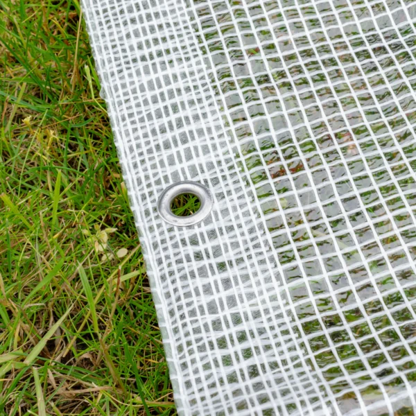 Clear medium duty tarpaulin 10m x 12m with 10m of 6mm bungee rope & 10 tarp clips (screw type) kit
