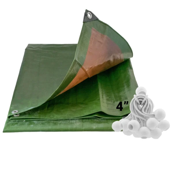 Green/brown heavy duty tarpaulin 8m x 12m with 20 x 4″ bungee balls (white) kit