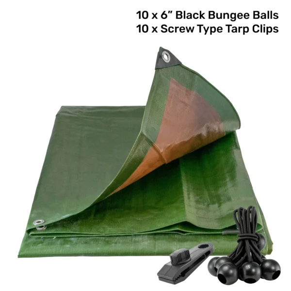 Green/brown heavy duty tarpaulin 8m x 12m with 10 x 6″ bungee balls (black) & 10 tarp clips (screw type) kit