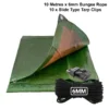 Green/brown heavy duty tarpaulin 8m x 12m with 10m of 6mm bungee rope & 10 tarp clips (slide type) kit