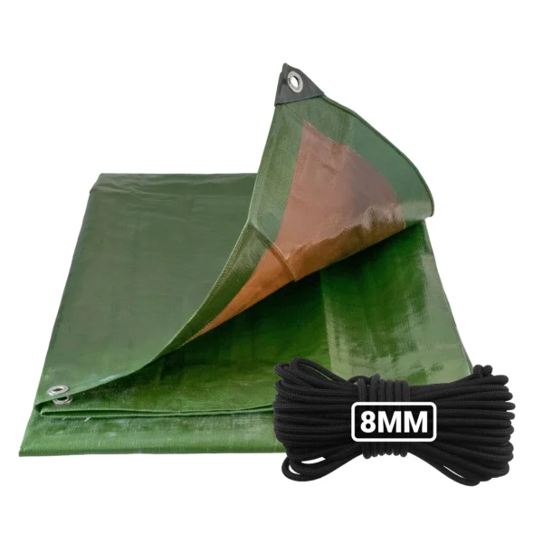 Green/brown heavy duty tarpaulin 8m x 12m with 10m of 8mm bungee rope kit