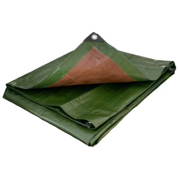 Green/brown heavy duty tarpaulin 8m x 12m with 10m of 6mm bungee rope & 10 tarp clips (screw type) kit
