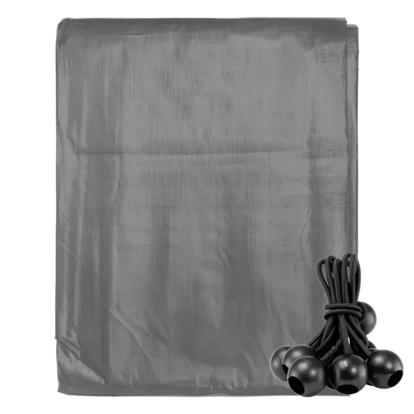 Grey heavy duty tarpaulin 8m x 12m with 10 x 6″ bungee balls (black) kit
