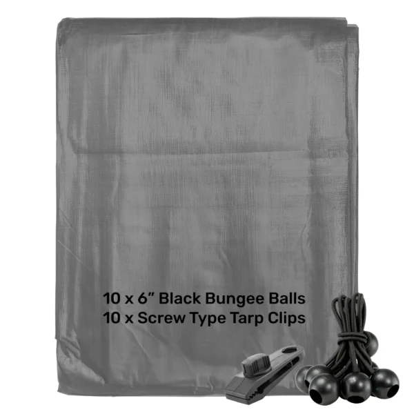 Grey heavy duty tarpaulin 8m x 12m with 10 x 6″ bungee balls (black) & 10 tarp clips (screw type) kit