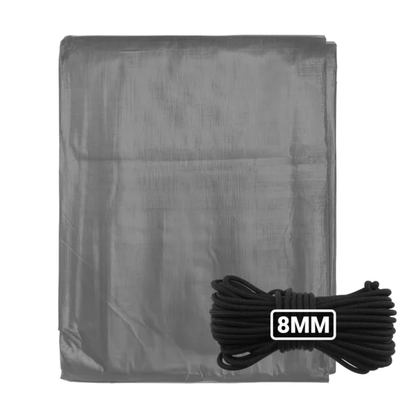 Grey heavy duty tarpaulin 8m x 12m with 10m of 8mm bungee rope kit