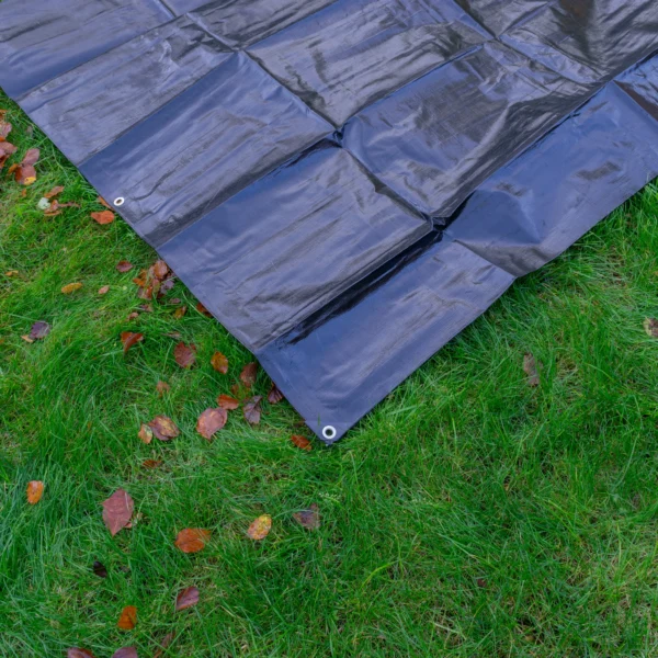 Black/silver heavy duty tarpaulin 8m x 12m with 10m of 6mm bungee rope & 10 tarp clips (screw type) kit