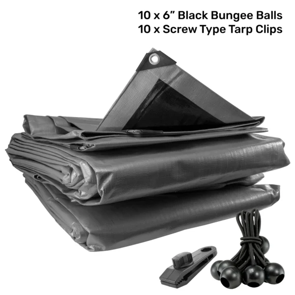 Silver extra heavy duty tarpaulin 8m x 10m with 10 x 6″ bungee balls (black) & 10 tarp clips (screw type) kit