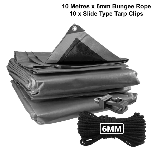 Silver extra heavy duty tarpaulin 8m x 10m with 10m of 6mm bungee rope & 10 tarp clips (slide type) kit