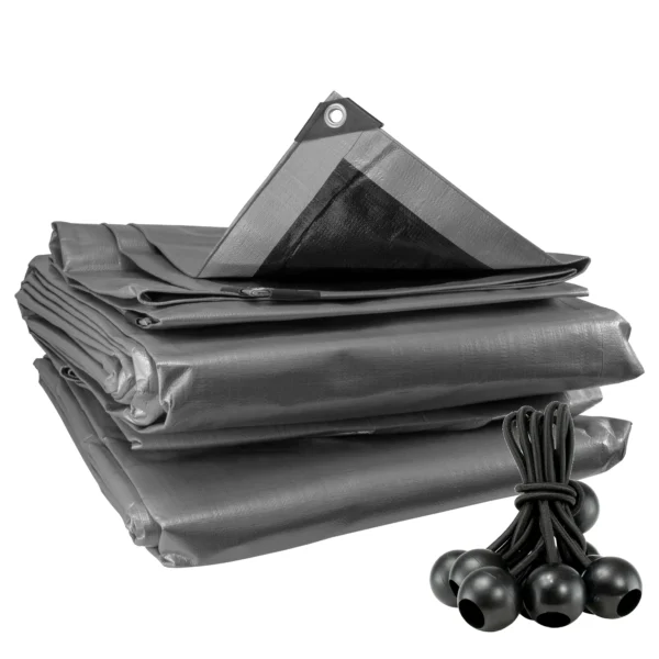 Silver extra heavy duty tarpaulin 8m x 12m with 10 x 6″ bungee balls (black) kit