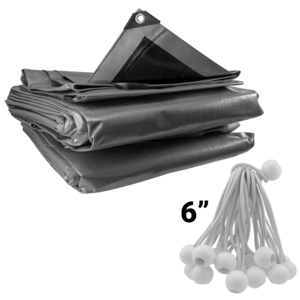 Silver extra heavy duty tarpaulin 8m x 12m with 20 x 6″ bungee balls (white) kit