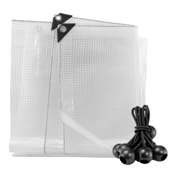 Clear extra heavy duty tarpaulin 5m x 5m with 10 x 6″ bungee balls (black) kit