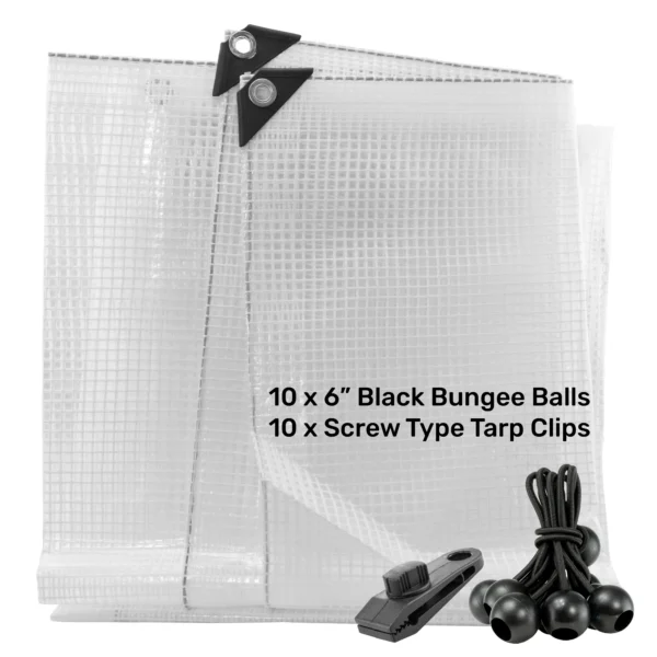 Clear extra heavy duty tarpaulin 5m x 5m with 10 x 6″ bungee balls (black) & 10 tarp clips (screw type) kit
