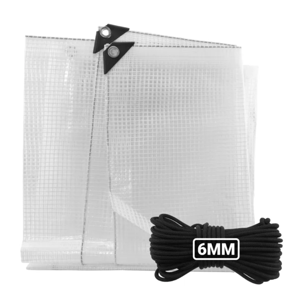 Clear extra heavy duty tarpaulin 5m x 5m with 10m of 6mm bungee rope kit