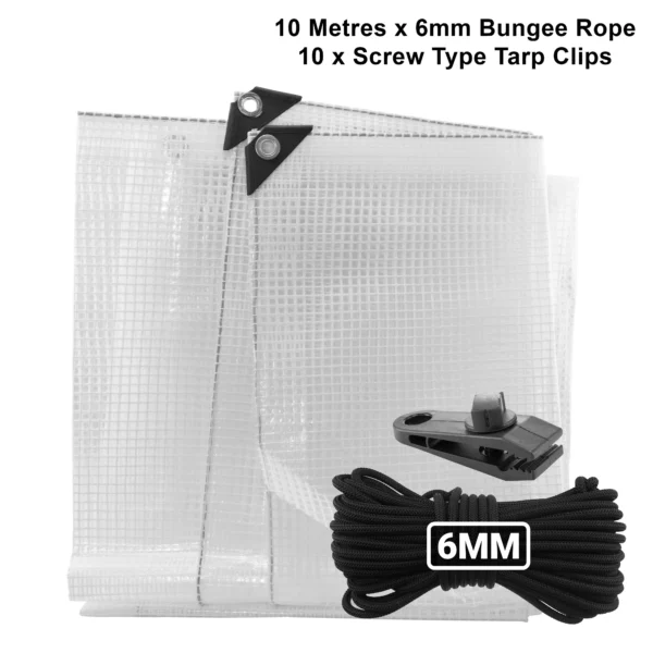 Clear extra heavy duty tarpaulin 5m x 5m with 10m of 6mm bungee rope & 10 tarp clips (screw type) kit