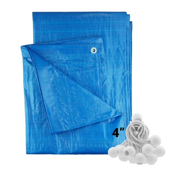 Blue lightweight tarpaulin 6m x 8m with 20 x 4″ bungee balls (white) kit