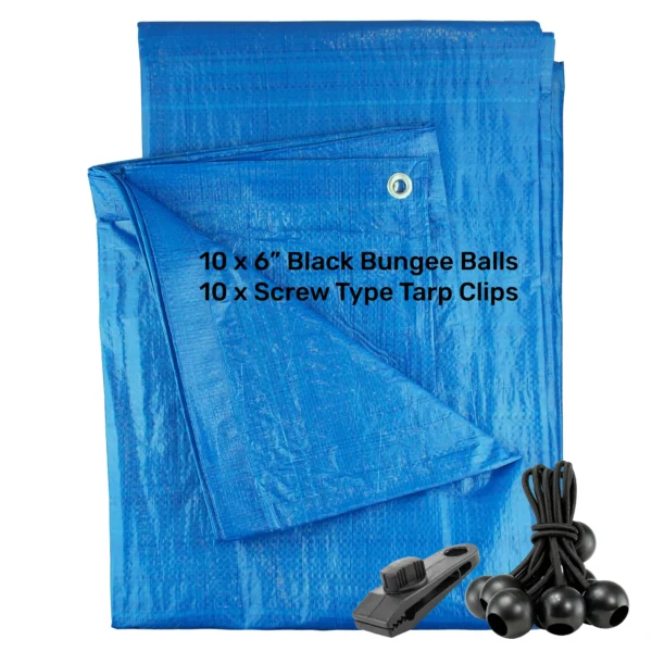 Blue lightweight tarpaulin 6m x 8m with 10 x 6″ bungee balls (black) & 10 tarp clips (screw type) kit