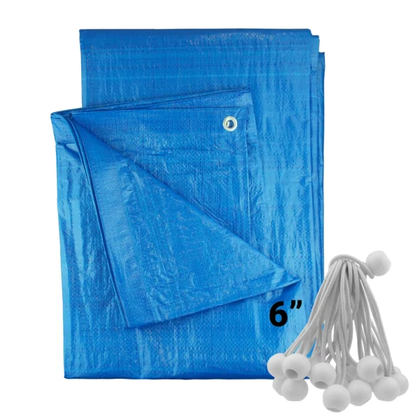 Blue lightweight tarpaulin 6m x 8m with 20 x 6″ bungee balls (white) kit