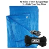 Blue lightweight tarpaulin 6m x 8m with 10m of 6mm bungee rope & 10 tarp clips (slide type) kit