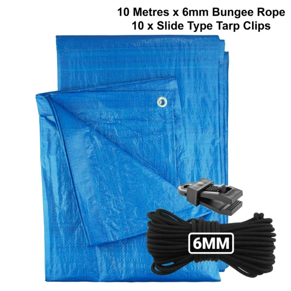 Blue lightweight tarpaulin 6m x 8m with 10m of 6mm bungee rope & 10 tarp clips (slide type) kit