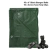 Green lightweight tarpaulin 5m x 8m with 10 x 6″ bungee balls (black) & 10 tarp clips (screw type) kit
