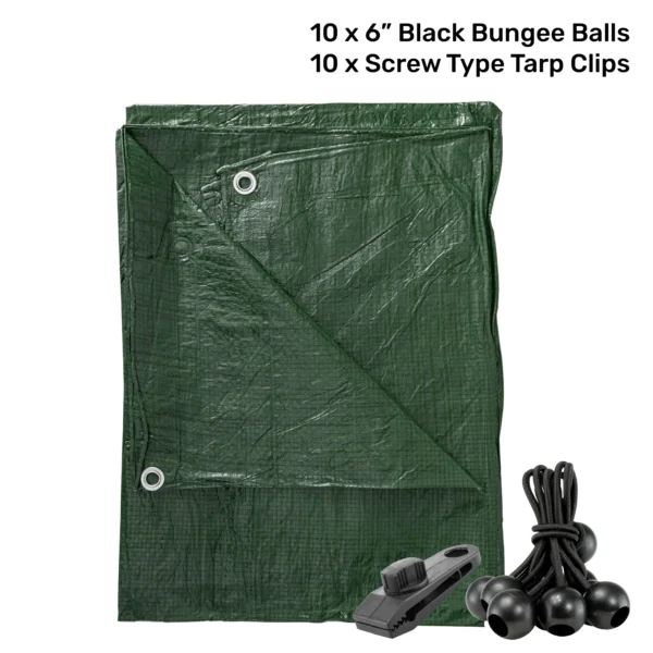 Green lightweight tarpaulin 5m x 8m with 10 x 6″ bungee balls (black) & 10 tarp clips (screw type) kit