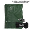 Green lightweight tarpaulin 5m x 8m with 10m of 6mm bungee rope & 10 tarp clips (slide type) kit