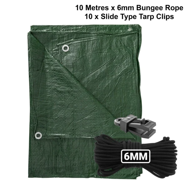 Green lightweight tarpaulin 5m x 8m with 10m of 6mm bungee rope & 10 tarp clips (slide type) kit