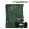 Green lightweight tarpaulin 5m x 8m with 10m of 6mm bungee rope & 10 tarp clips (screw type) kit